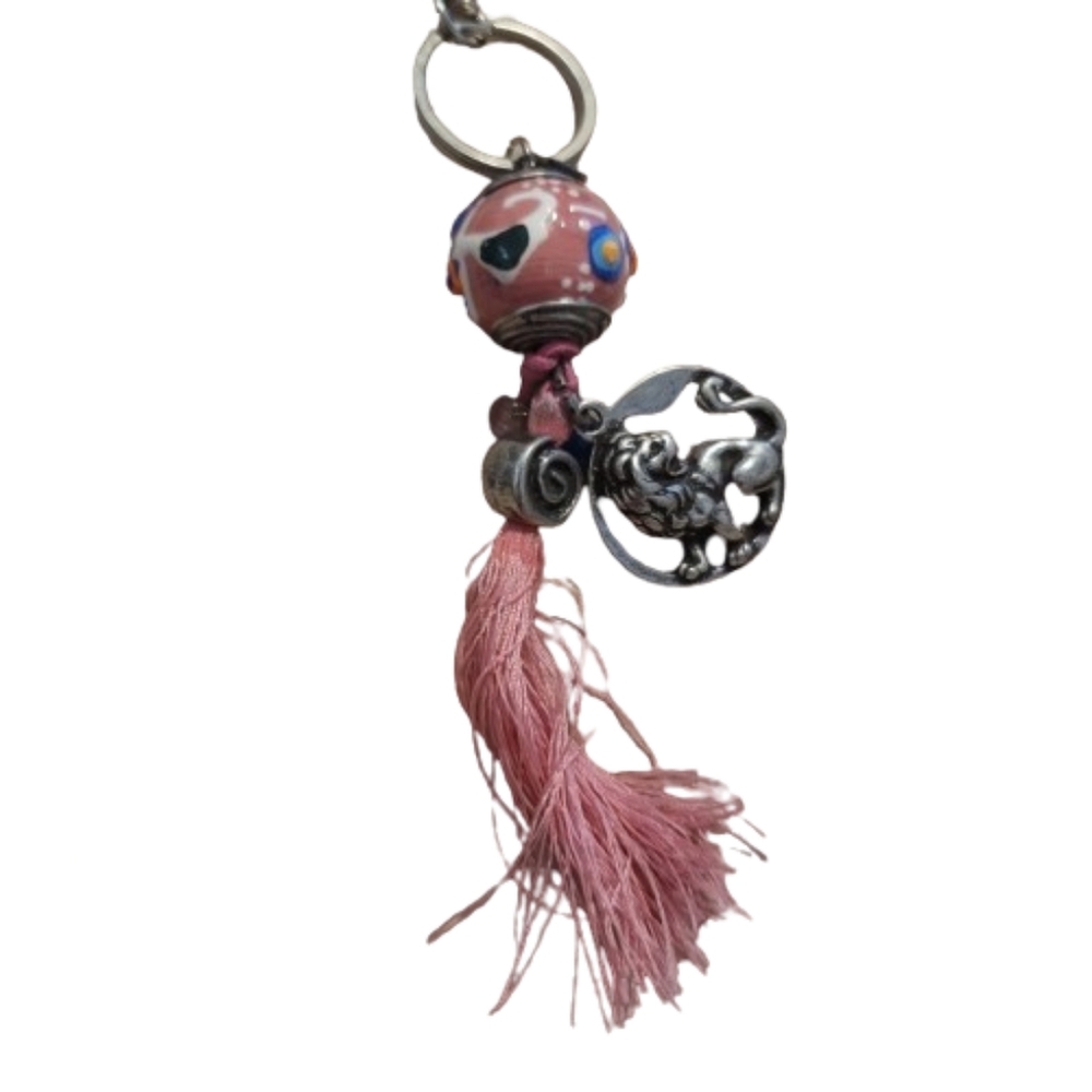 LION KEYCHAIN Printed ball bead tassle fringe keychain lion  blue pink